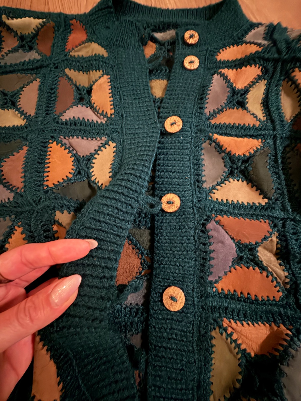 Vintage Crocheted Genuine Leather Patchwork Cardigan | Hand Knit One-of-a-kind - Picture 7 of 9